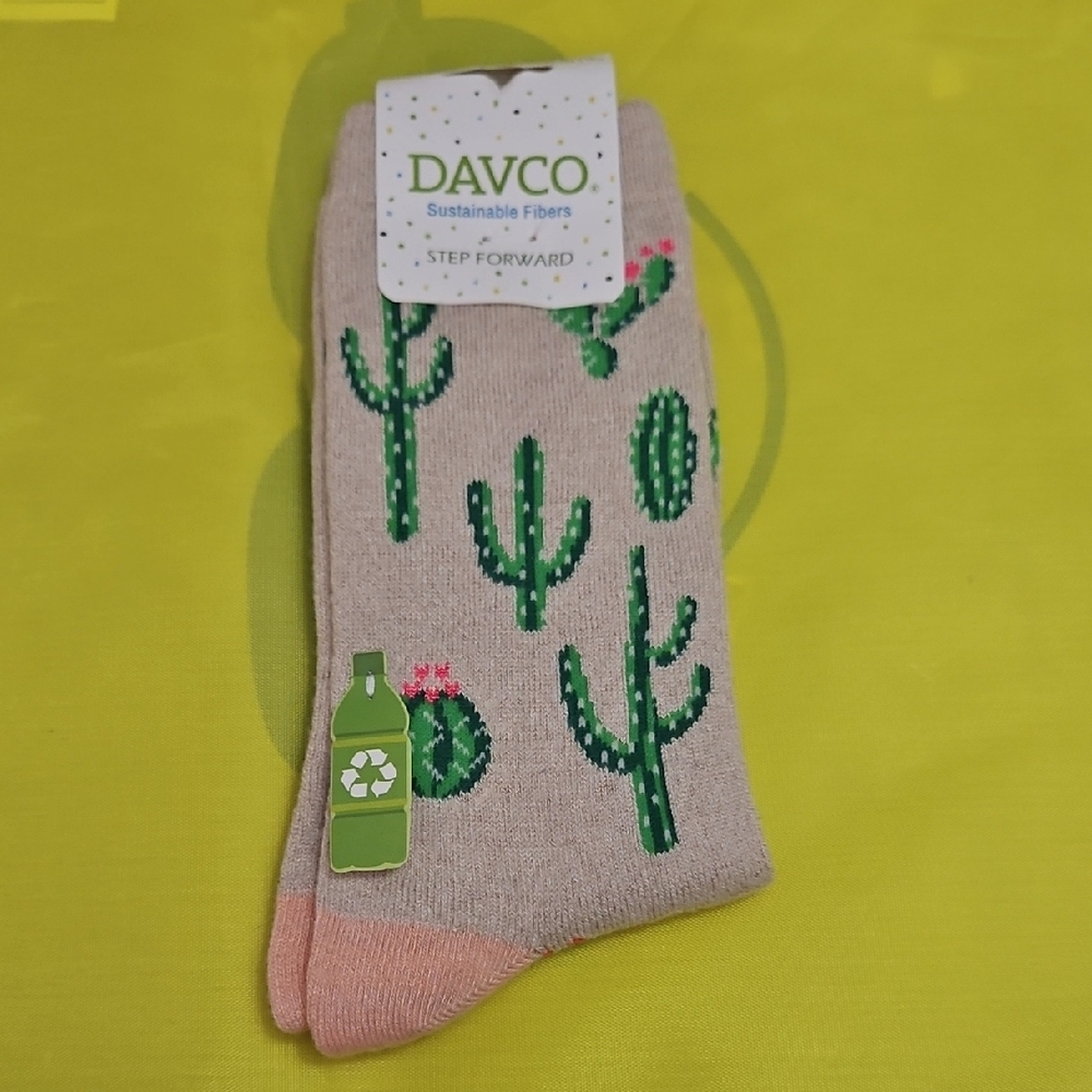 Womens Cactus Print Socks - Green and Pink Beige Background New Crew